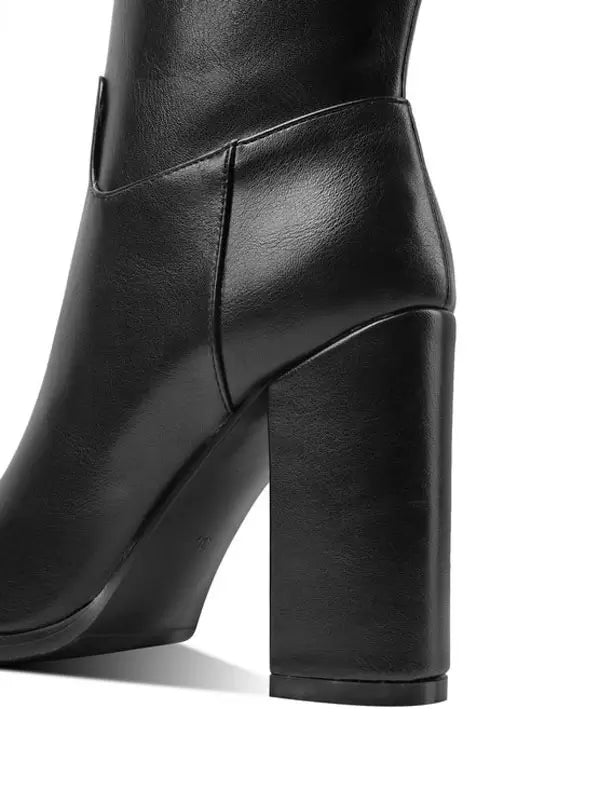 Damenstiefel mit Blockabsatz aus PU-Leder, kniehoch, schwarz