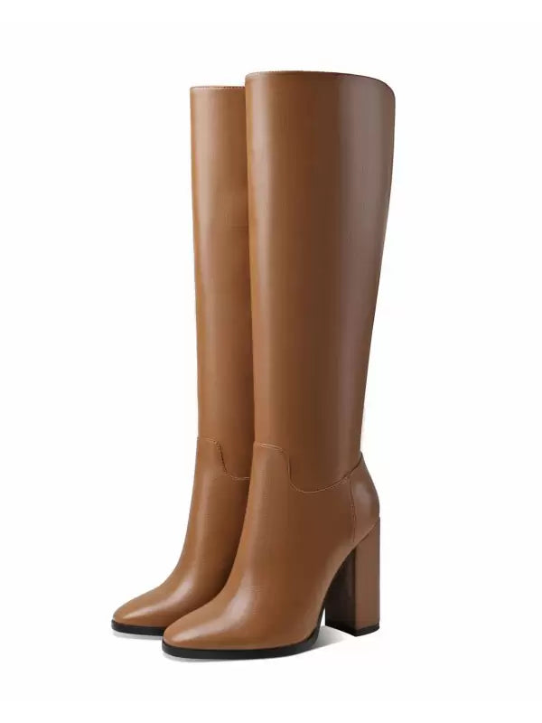 Damenstiefel mit Blockabsatz aus PU-Leder, kniehoch, schwarz