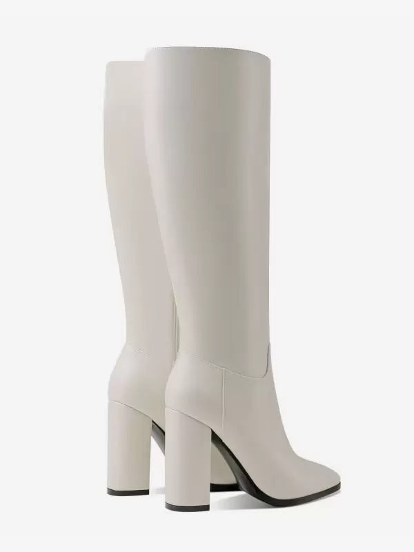 Damenstiefel mit Blockabsatz aus PU-Leder, kniehoch, schwarz