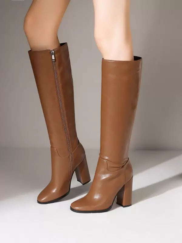 Damenstiefel mit Blockabsatz aus PU-Leder, kniehoch, schwarz