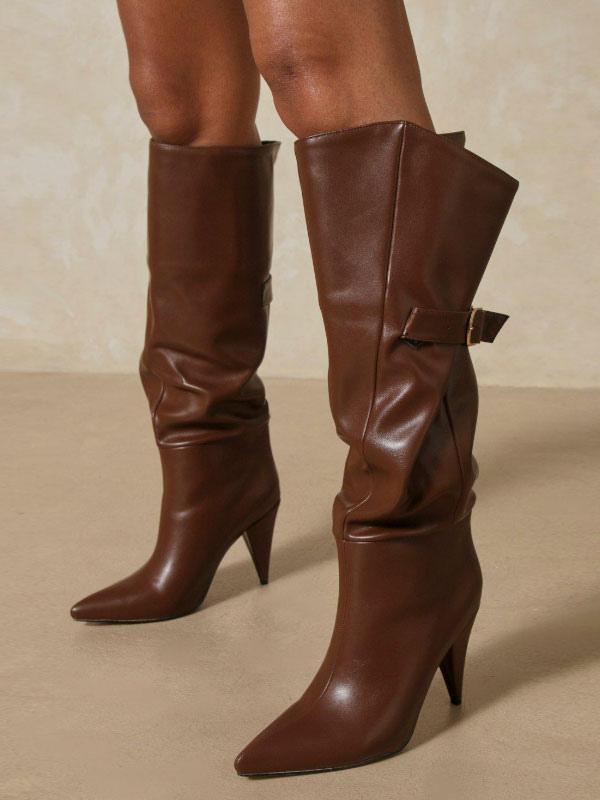 Damenstiefel mit Stilettoabsatz, spitzer Kappe, aus PU-Leder in Schokoladenbraun, kniehoch