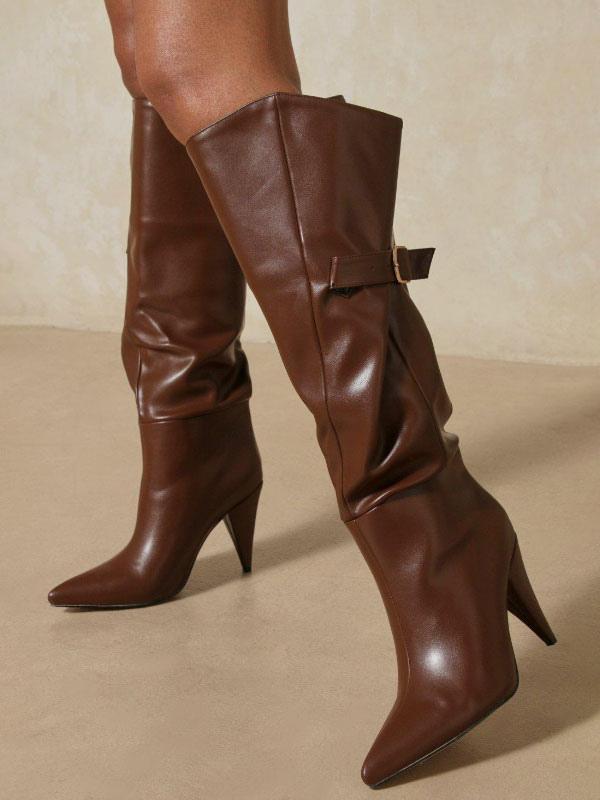 Damenstiefel mit Stilettoabsatz, spitzer Kappe, aus PU-Leder in Schokoladenbraun, kniehoch