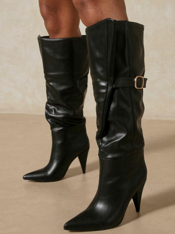 Damenstiefel mit Stilettoabsatz, spitzer Kappe, aus PU-Leder in Schokoladenbraun, kniehoch