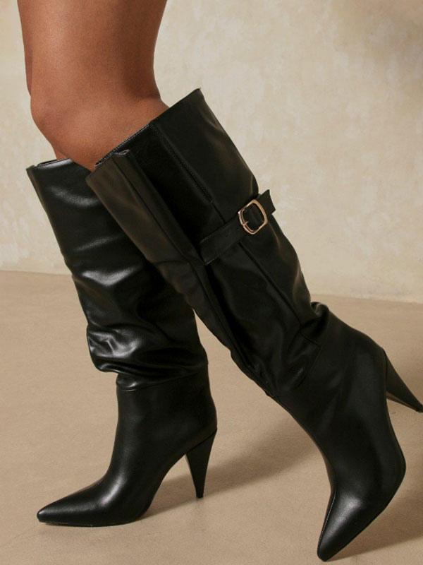Damenstiefel mit Stilettoabsatz, spitzer Kappe, aus PU-Leder in Schokoladenbraun, kniehoch