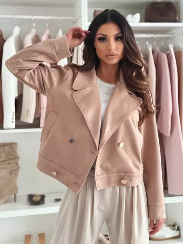 Kurzjacke mit Revers und doppelreihigen Goldknöpfen für Damen 2025