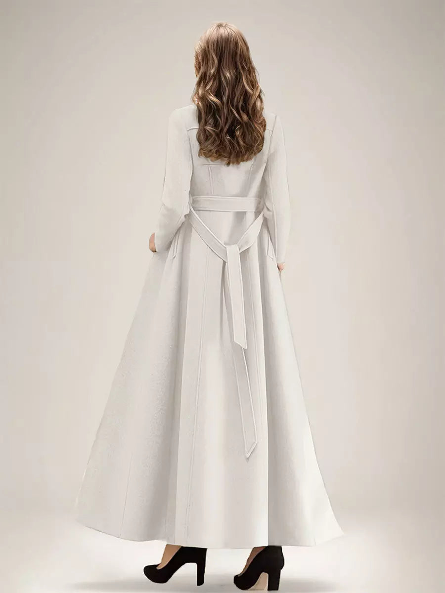 Weißer Longline-Wollmantel mit fallendem Reverskragen, doppelreihig, mit Gürtel, Winter, in voller Länge, Oberbekleidung für Damen 2025
