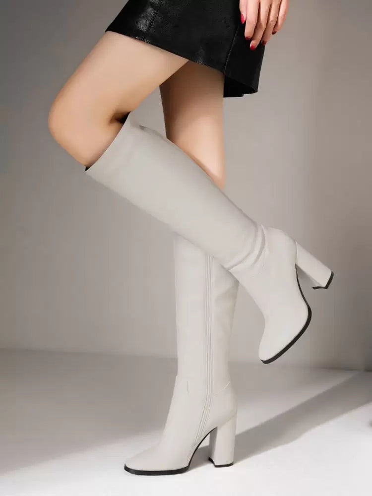Damenstiefel mit Blockabsatz aus PU-Leder, kniehoch, schwarz